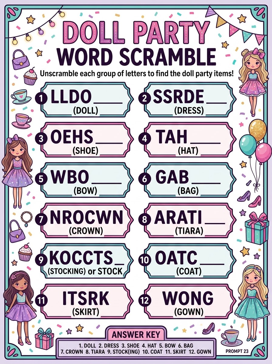 Doll Party Word Scramble — word unscramble activity with party-themed doll illustrations
